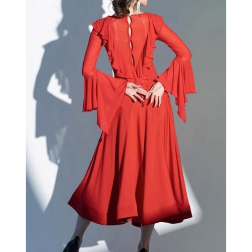 Black red ruffles ballroom dance dresses long flare sleeves for women girls waltz tango flamenco smooth rhythm dancing long swing skirts for female